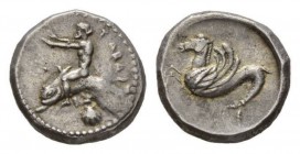 Calabria, Tarentum Nomos circa 500-480, AR 20.5mm, 8.21 g. ΤΑΡΑΣ Dolphin rider left., with both arms outstretched; below, cockle shell. Rev. Hippocamp...