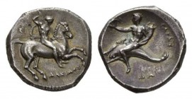 Calabria, Tarentum Nomos circa 315-300, AR 22mm, 7.84 g. Armed horseman galloping right, spearing downwards; behind, ΣI and below horse, ΔAKIMOΣ. Rev....