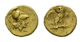 Calabria, Tarentum 1/8 stater circa 280, AV 9mm, 1.07 g. Helmeted head of Athena right Rev. Owl standing right on thunderbolt, with open wings. Fische...