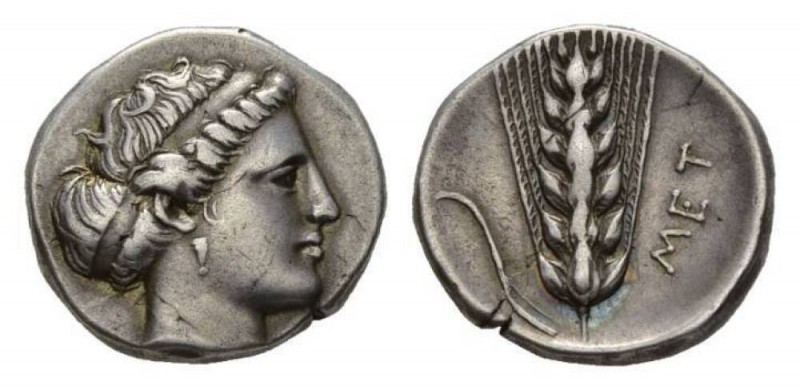 Lucania, Metapontum Nomos circa 400-340, AR 21mm, 7.72 g. Diademed head of Demet...