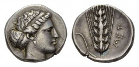 Lucania, Metapontum Nomos circa 400-340, AR 21mm, 7.72 g. Diademed head of Demeter right. Rev. MET Ear of barley with stalk and leaf. SNG ANS 377. Noe...