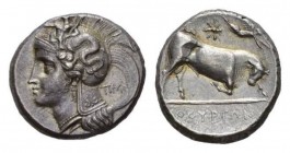 Lucania, Thurium Nomos circa 350-330, AR 22mm, 7.92 g. Head of Athena r., wearing helmet decorated with Scylla holding rudder. Rev. Bull butting r.; a...