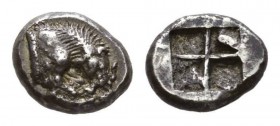 Lucania, Velia Drachm circa 535-465, AR 14.5mm, 3.87 g. Forepart of lion right, tearing stag's leg. Rev. Quadripartite incuse square. Rosen 20 (these ...