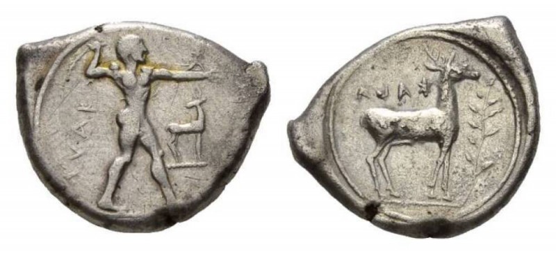 Bruttium, Caulonia Nomos circa 450-445, AR 23mm, 7.88 g. KAVΛ Naked Apollo stand...