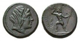 Bruttium, Petelia Bronze circa 216-211, Æ 20mm, 7.51 g. Veiled head of Demeter right. Rev. Zeus standing righ; holding thuderbolt and spear. Caltabian...