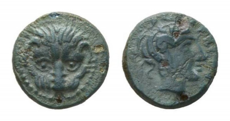 Bruttium, Rhegium Bronze circa 351-380, Æ 11.5mm, 1.31 g. Lion’s mask facing. Re...