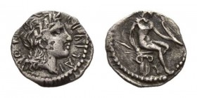 Sicily, Herbita Litra (?) 4th century, AR 12mm, 0.49 g. EPBITAI - ΩN Laureate head of Apollo right. Rev. Apollo seated right on Ionic capital, holding...