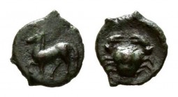 Sicily, Motya, Onkia circa 413-397, Æ 11mm, 0.81 g. Horse galloping left. Rev. Crab. Calciati 8 (this coin illustrated). Jenkins 10.
 
 Very rare. G...