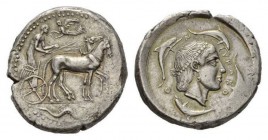 Sicily, Syracuse Tetradrachm circa 460-450, AR 29mm, 17.18 g. Slow quadriga driven r. by charioteer, holding kentron and reins; above, Nike flying l. ...
