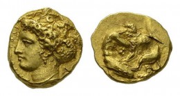 Sicily, Syracuse Double-decadrachm circa 400, AV 15mm, 5.80 g. Head of Arethusa l., wearing earring and necklace, hair caught up in saccos decorated w...