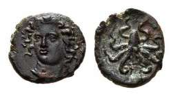 Sicily Syracuse Tetras c. 390, Æ 13.5mm, 1.65 g. Head of Arethusa facing three-quarters left. Rev. Octopus. SNG ANS 386. Calciati 29.
 
 Green patin...