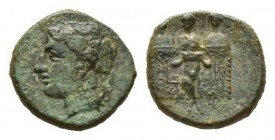 Sicily, Thermae Imerenses Hemilitra circa 340, Æ 20mm, 5.34 g. ΘEP Head of young river god left. Rev. Pan dancing in front of the three female figures...
