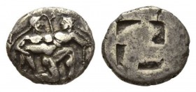 Island of Thrace, Thasos Stater circa 525-463, AR 21mm, 7.65 g. Naked ithyphallic satyr supporting nymph under thighs with r. arm, the l. hand under h...