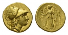 Kingdom of Macedonia. Philip III, 323-317 Stater, Abydus c. 323-317, AV 19mm, 8.55 g. Head of Athena r., wearing Corinthian helmet decorated with snak...