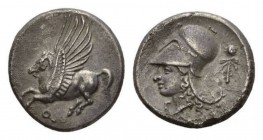 Corinthia, Corinth Stater circa 350-300, AR 22mm, 8.63 g. Pegasus flying left; below, Q. Rev. Head of Athena left, wearing Corinthian helmet; behind t...