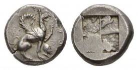 Ionia, Teos Stater circa 478-465, AR 22mm, 11.94 g. Griffin seated right, with l. forepaw raised. Rev. Quadripartite incuse square. Balcer, SNR 47 -. ...