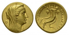Ptolemy II Philadelphos, 285–246 In the name of Arsinoe II. Octodrachm, Alexandria 253/2-246, AV 27mm, 27.78 g. Diademed and veiled head of the deifie...