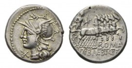 M. Baebius Q.f. Tampilus. Denarius 137, AR 18.5mm, 3.81g. Helmeted head of Roma l., wearing necklace of beads; below chin, X. Behind, TAMPIL. Rev. Apo...