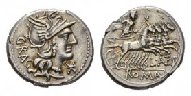 L. Antestius Gragulus Denarius 136, AR 20mm, 4.90 g. Helmeted head of Roma r.; below chin, * and behind, GRAG. Rev. Jupiter in fast quadriga r., hurli...