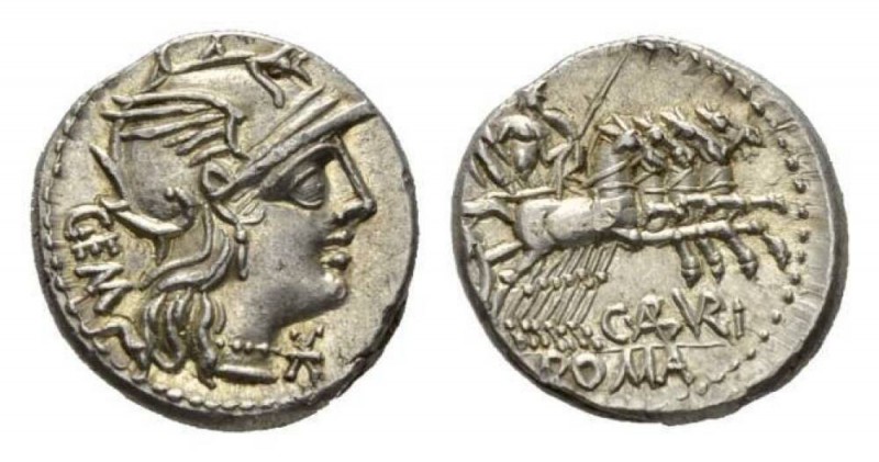 C. Aburius Gem. Denarius 134, AR 19mm, 4.00 g. Helmeted head of Roma right; belo...