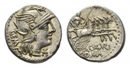 C. Aburius Gem. Denarius 134, AR 19mm, 4.00 g. Helmeted head of Roma right; below chin, * and behind, GEM. Rev. Mars in quadriga right, holding spear,...