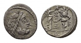 P. Vettius Sabinus. Quinarius 99, AR 14mm, 1.85 g. Laureate head of Jupiter r.; behind, A within four pellets. Rev. P. SABIN Victory standing r. crown...