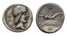 L. Piso Frugi Denarius 90, AR 18mm, 4.06 g. Laureate head of Apollo right; behind bipennis and below chin *. Bead and reel border. Rev. Naked horseman...
