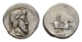 Q. Titius Denarius 90, AR 18mm, 4.01 g. Head of Mutinus Titinus r., wearing winged diadem. Rev. Pegasus prancing r.; below, Q·TITI in linear frame. Ba...