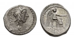 M. Cato Quinarius 89, AR 15mm, 2.15 g. M·CATO Ivy-wreathed head of Liber right; below, F. Rev. Victory seated right, holding patera in r. hand and pal...