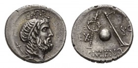 Cn. Cornelius Lentulus Denarius, Spain (?) 76-75, AR 19.5mm, 3.85 g. Draped bust of the Genius Populi Romani right, hair tied with band and sceptre ov...