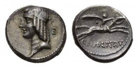 C. Calpurnius L.f. Frugi Denarius 67, AR 17mm, 4.03 g. Head of Apollo left, hair bound with fillet; behind, E. Rev. Horseman galloping right; below, C...