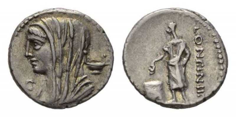 L. Cassius Longinus. Denarius circa 63, AR 19mm, 3.79 g. Diademed and veiled hea...