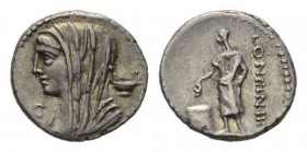 L. Cassius Longinus. Denarius circa 63, AR 19mm, 3.79 g. Diademed and veiled head of Vesta left; below chin, C. In l. field, dish. Rev. LONGIN·III·V V...