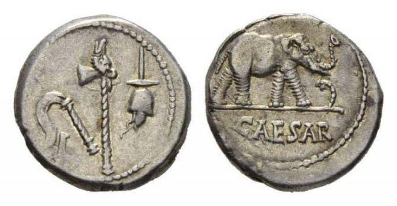 Julius Caesar Denarius, mint moving with Caesar 49-48. AR 18.5mm, 3.99 g. Pontif...