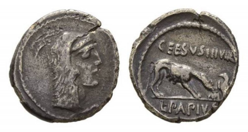 L. Papius Celsus Denarius circa 45, AR 19mm, 3.44 g. Head of Juno Sospita right....