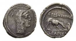 L. Papius Celsus Denarius circa 45, AR 19mm, 3.44 g. Head of Juno Sospita right. Rev. CEESVS (sic!)·III·VIR Wolf r., placing stick on fire; on r., eag...