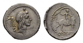 L. Valerius Acisculus Denarius 45, AR 19mm, 4.23 g. ACISCVLVS Head of Apollo right, hair tied with band; above, star and behind, acisculus. Rev. Europ...