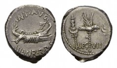 Marcus Antonius Denarius, mint moving with M. Antony 32-31, AR 18mm, 3.71 g. ANT AVG – III·VIR·R·P·C Galley right, with sceptre tied with fillet on pr...