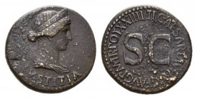 In the name of Livia, wife of Augustus Dupondius circa 21-22, Æ 33.5mm, 14.38 g. IVSTITIA Diademed and draped bust of Iustitia right Rev. TI CAESAR DI...
