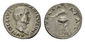 Vitellius, 69 Denarius late April-December 69, AR 19mm, 3.43 g. A VITELLIVS GERMANICVS IMP Bare head right. Rev. X VIR SACR F AG Tripod with dolphin s...