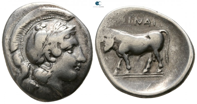 Campania. Hyria 400-395 BC. 
Nomos AR

22mm., 6,86g.

Helmeted head of Athe...