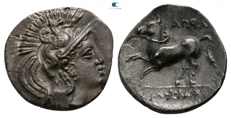 Apulia. Arpi 325-275 BC. 
Diobol AR

10mm., 0,87g.

Head of Athena r., wear...