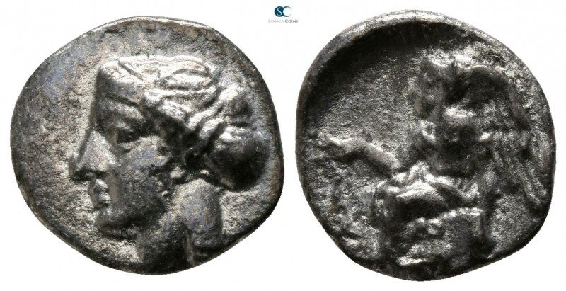 Bruttium. Terina 440-425 BC. 
Diobol AR

9mm., 1,00g.

Female head left, we...