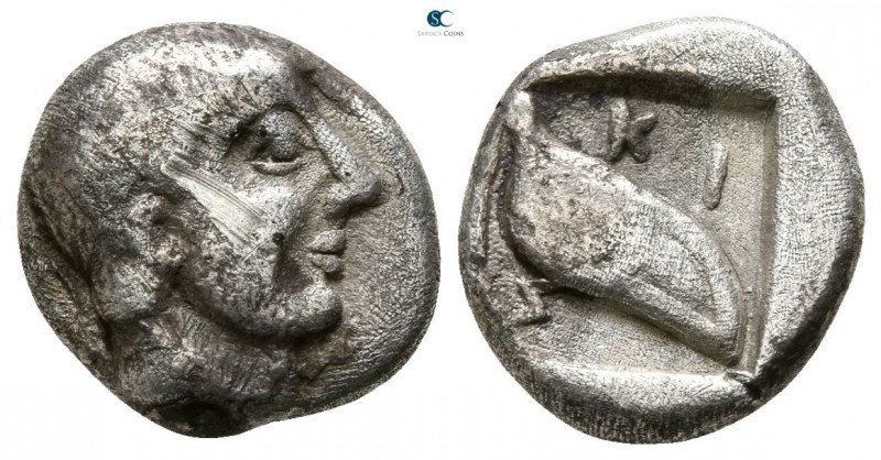 Macedon. Scione 480-450 BC. 
Tetrobol AR

10mm., 2,02g.

Bare head of Prote...
