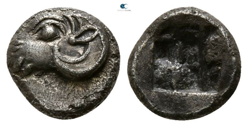 Ionia. Klazomenai 500-480 BC. 
Obol AR

6mm., 0,53g.

Head of a ram left / ...