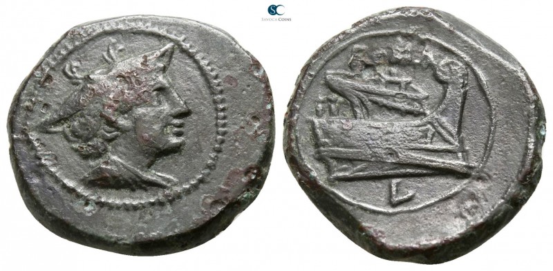 Anonymous 214-212 BC. Luceria
Semuncia Æ

mm., g.

Draped bust of Mercury r...