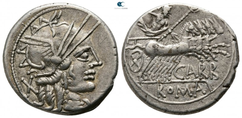 M. Carbo 122 BC. Rome
Denarius AR

18mm., 3,90g.

Helmeted head of Roma rig...