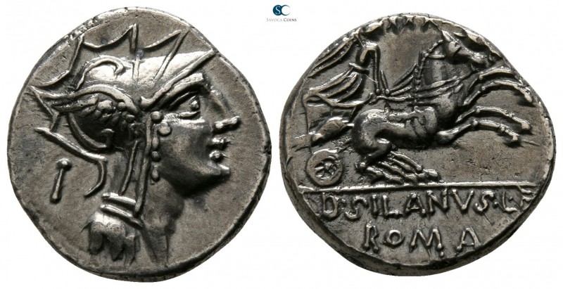 D. Silanus L. F. 91 BC. Rome
Denarius AR

16mm., 3,78g.

Helmeted head of R...