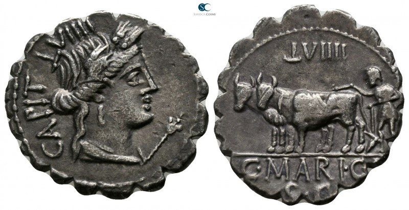 C. Marius C.f. Capito. 81 BC. Rome
Denarius AR

18mm., 3,59g.

CAPIT, Drape...