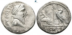 Cn. Pompeius Magnus, and Terentius Varro 49 BC. Military mint moving with Pompey. Denarius AR